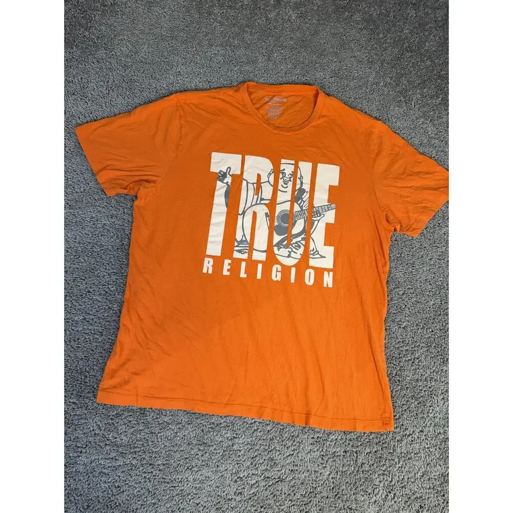 True Religion Shirt Mens 2XL Orange Buddha Guitar Logo Graphic Tagless Cotton